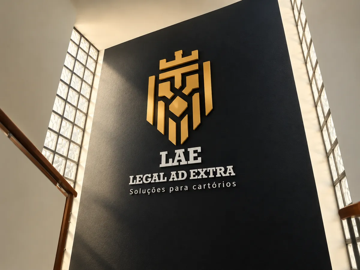 Parede da sede com a marca LAE em dourado e os dizeres Legal Ad Extra, soluções para cartórios
